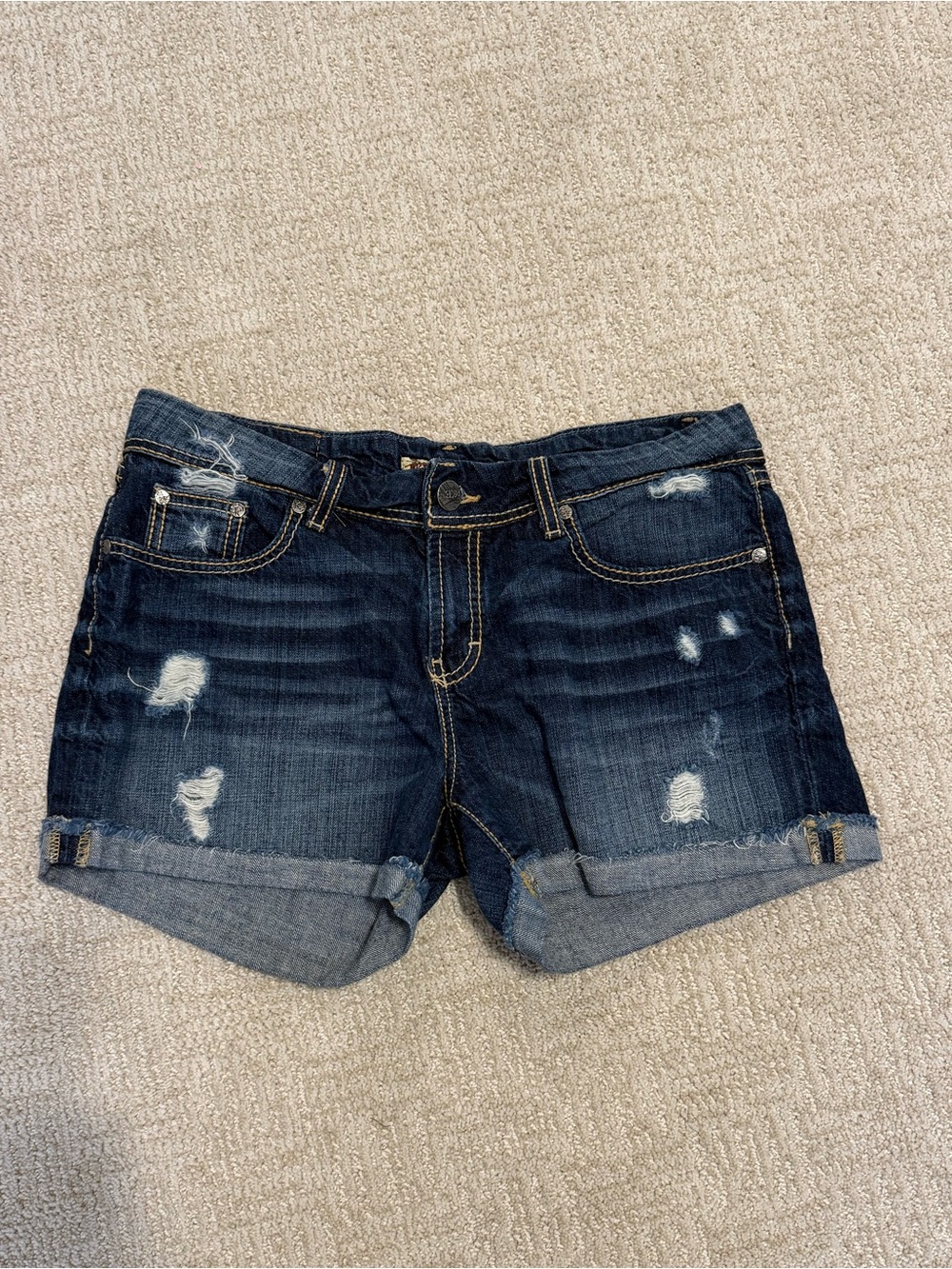 BKE Dark Blue Distressed Denim Rolled Hem Shorts (31)